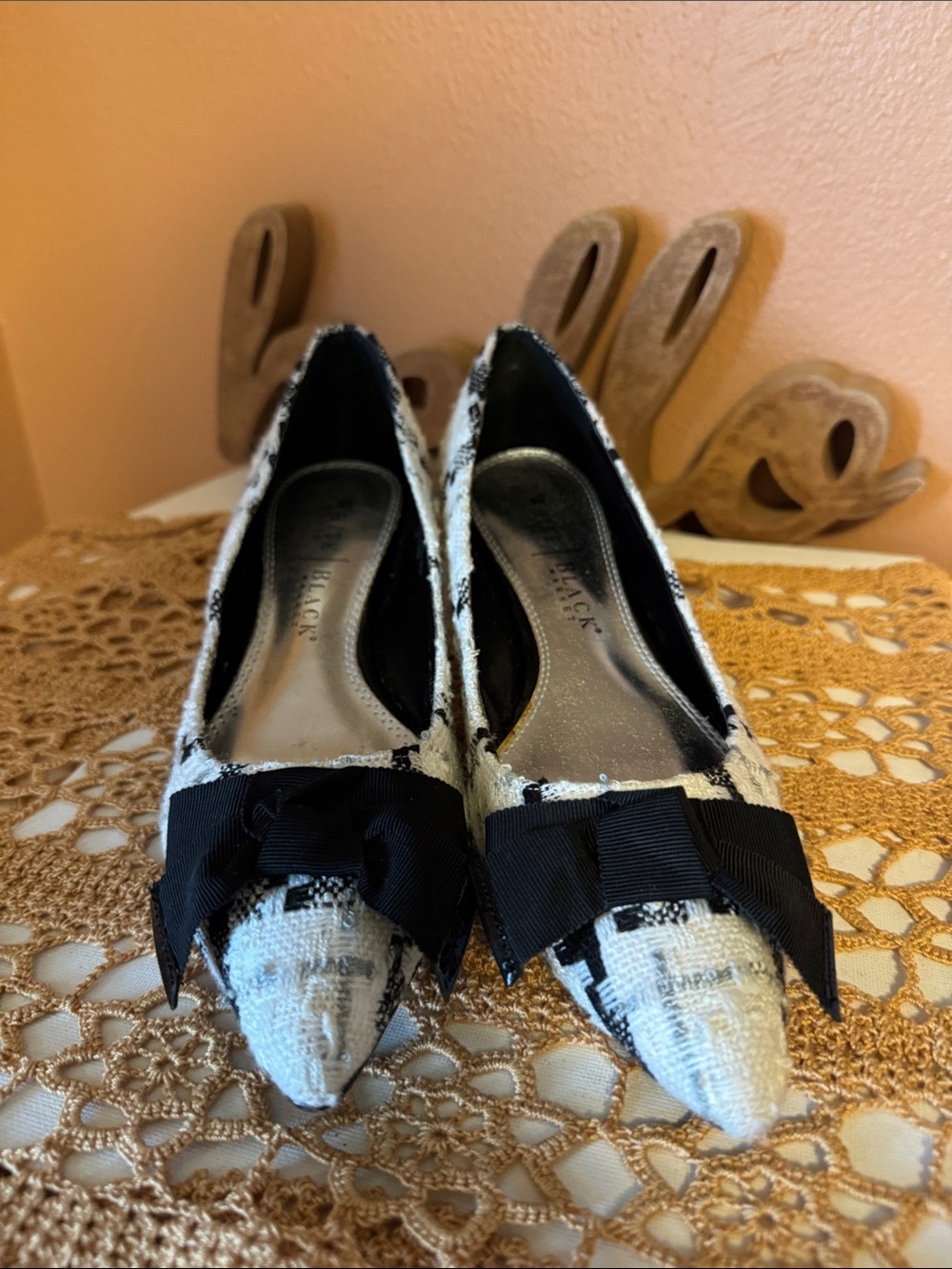 Pointed Tweed Flats with Bow Accent - Black & White